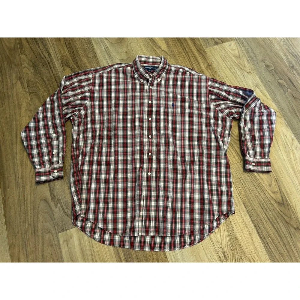 Polo Ralph Lauren Blake Shirt Mens XXL Red White Blue Plaid‎ Cotton Button Down